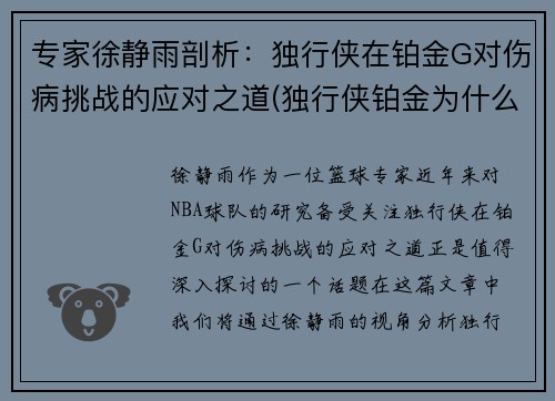 专家徐静雨剖析：独行侠在铂金G对伤病挑战的应对之道(独行侠铂金为什么不打)