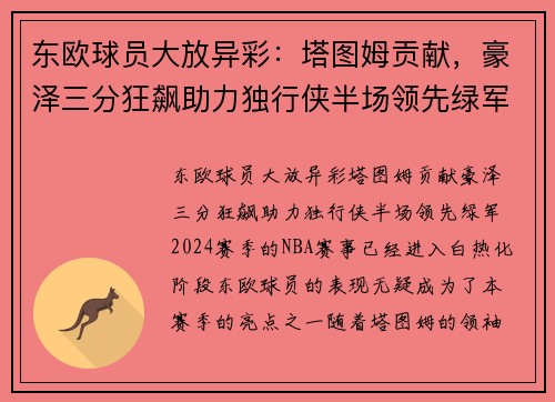 东欧球员大放异彩：塔图姆贡献，豪泽三分狂飙助力独行侠半场领先绿军